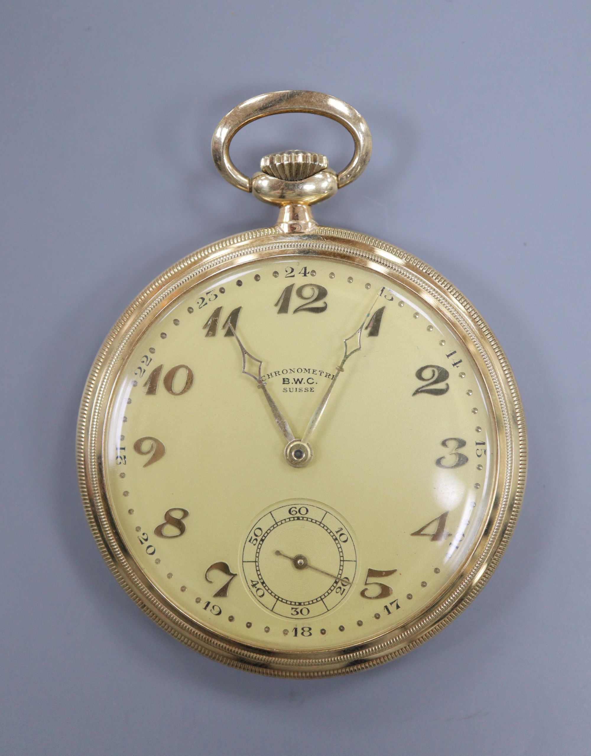 A 20th century 14k B.W.C. chronometer open face keyless pocket watch,